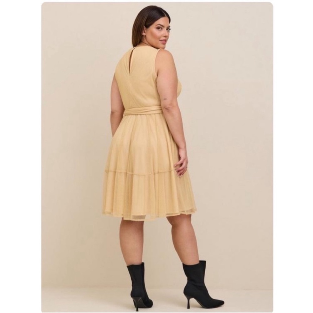NWT TORRID At The Knee Gold Glitter Lurex Surplice Tiered Dress - Picture 2 of 6